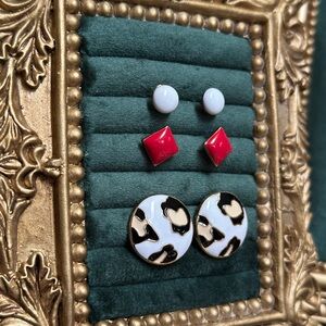 Plunder Enamel Earring Trio in White, Red & Black Cow-Print
